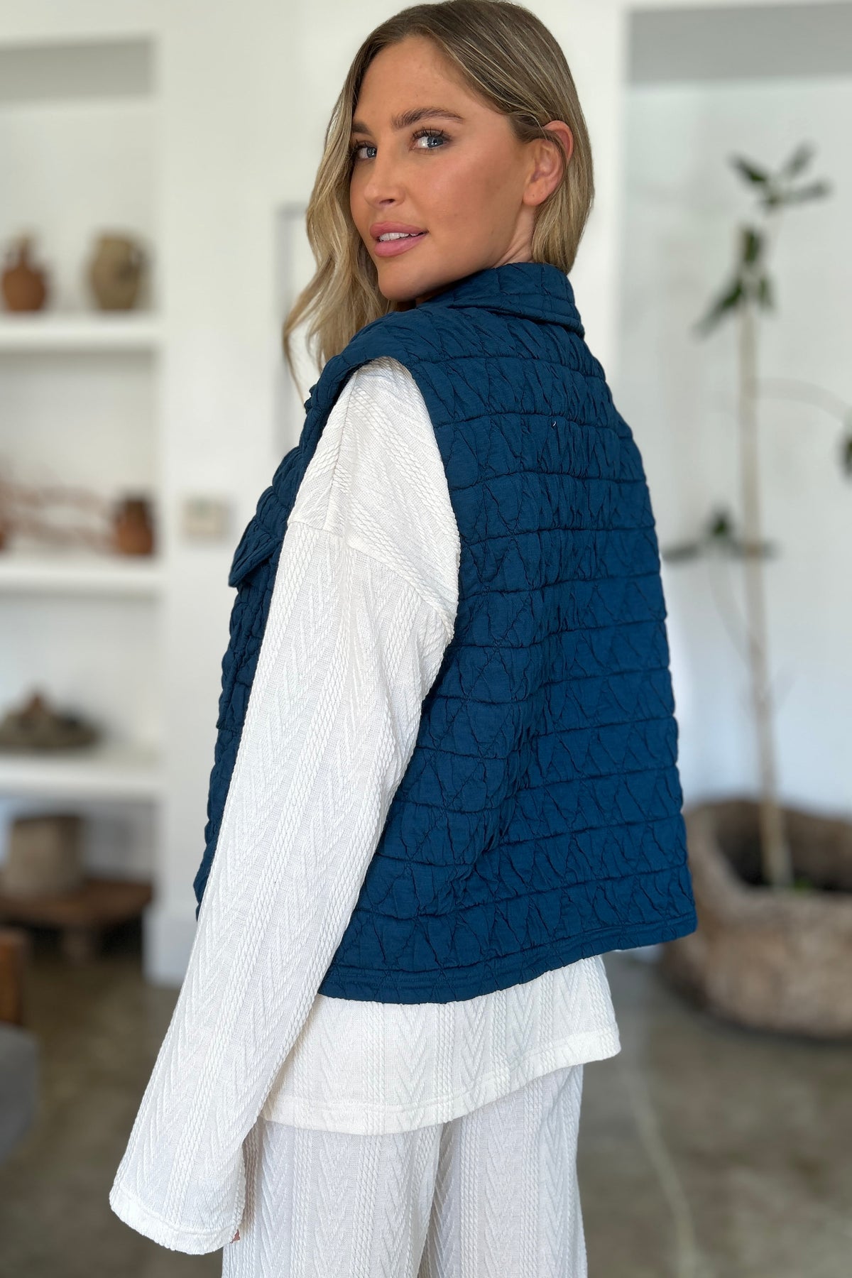 Double Take Full Size Pocketed Texture Snap Down Vest Coat *