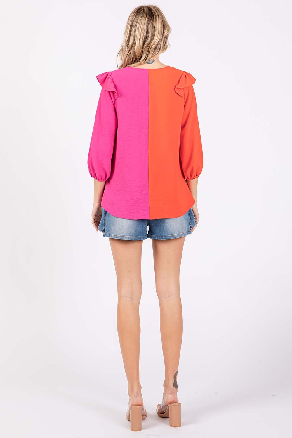 GeeGee Full Size Ruffle Trim Contrast Blouse *