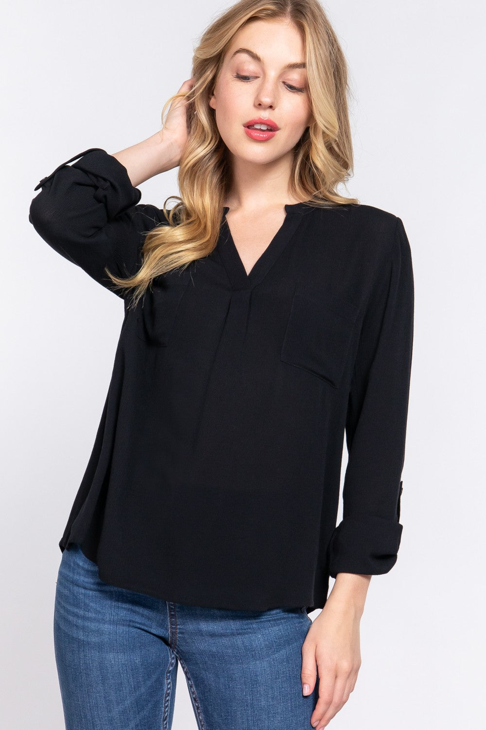 ACTIVE BASIC Full Size Notched Long Sleeve Woven Top *