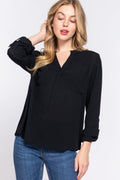ACTIVE BASIC Full Size Notched Long Sleeve Woven Top *