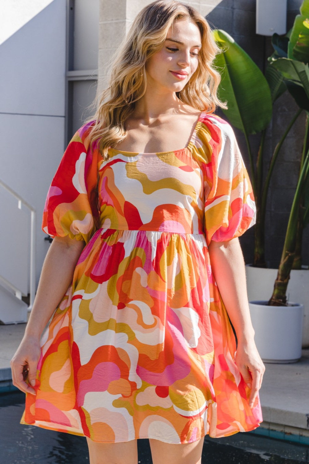 ODDI Full Size Printed Tied Back Short Sleeve Mini Dress *