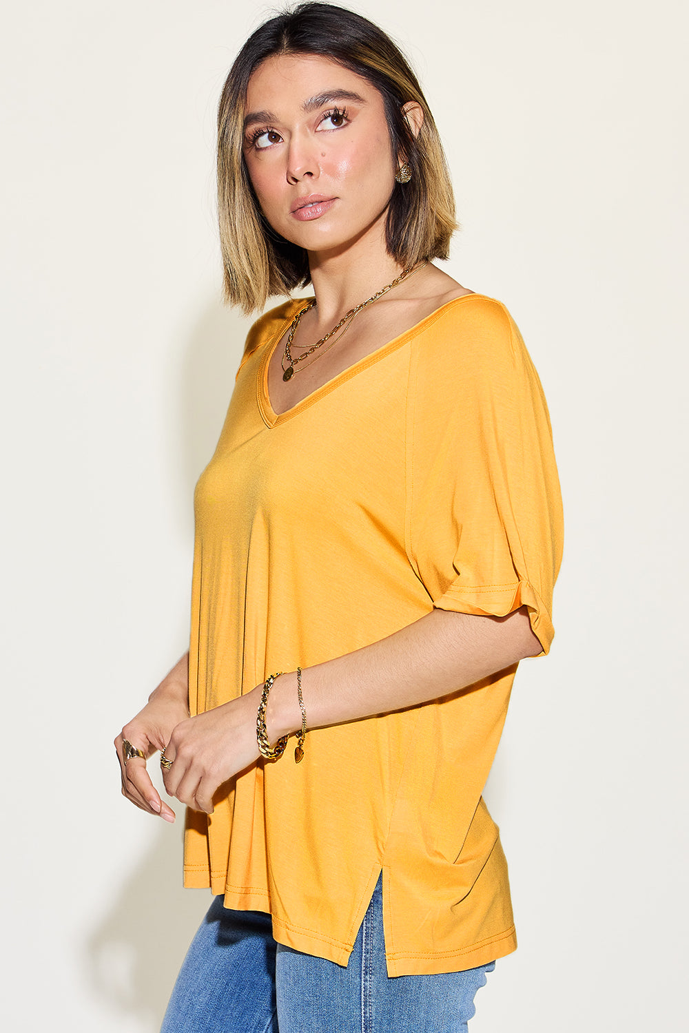 Basic Bae Full Size Bamboo Slit V-Neck Short Sleeve T-Shirt *