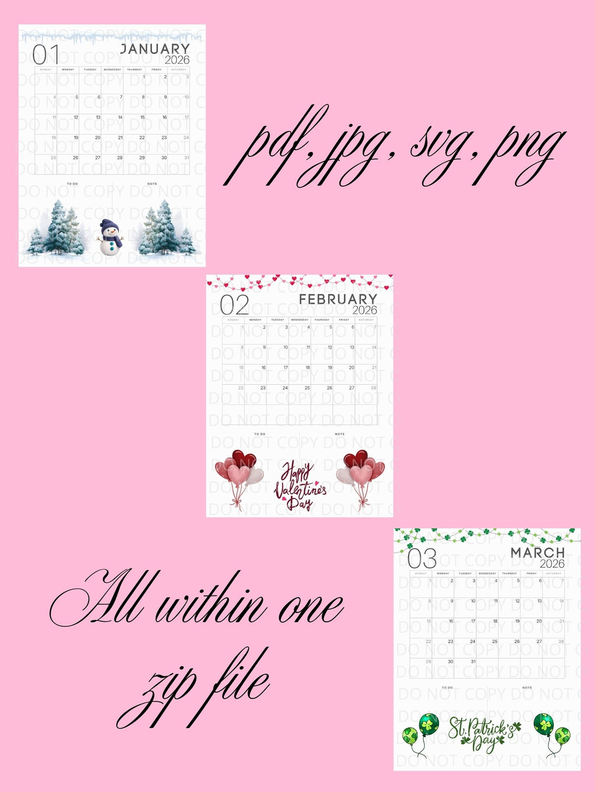 2026 Cute Digital Calendar in file formats SVG JPG PNG PDF