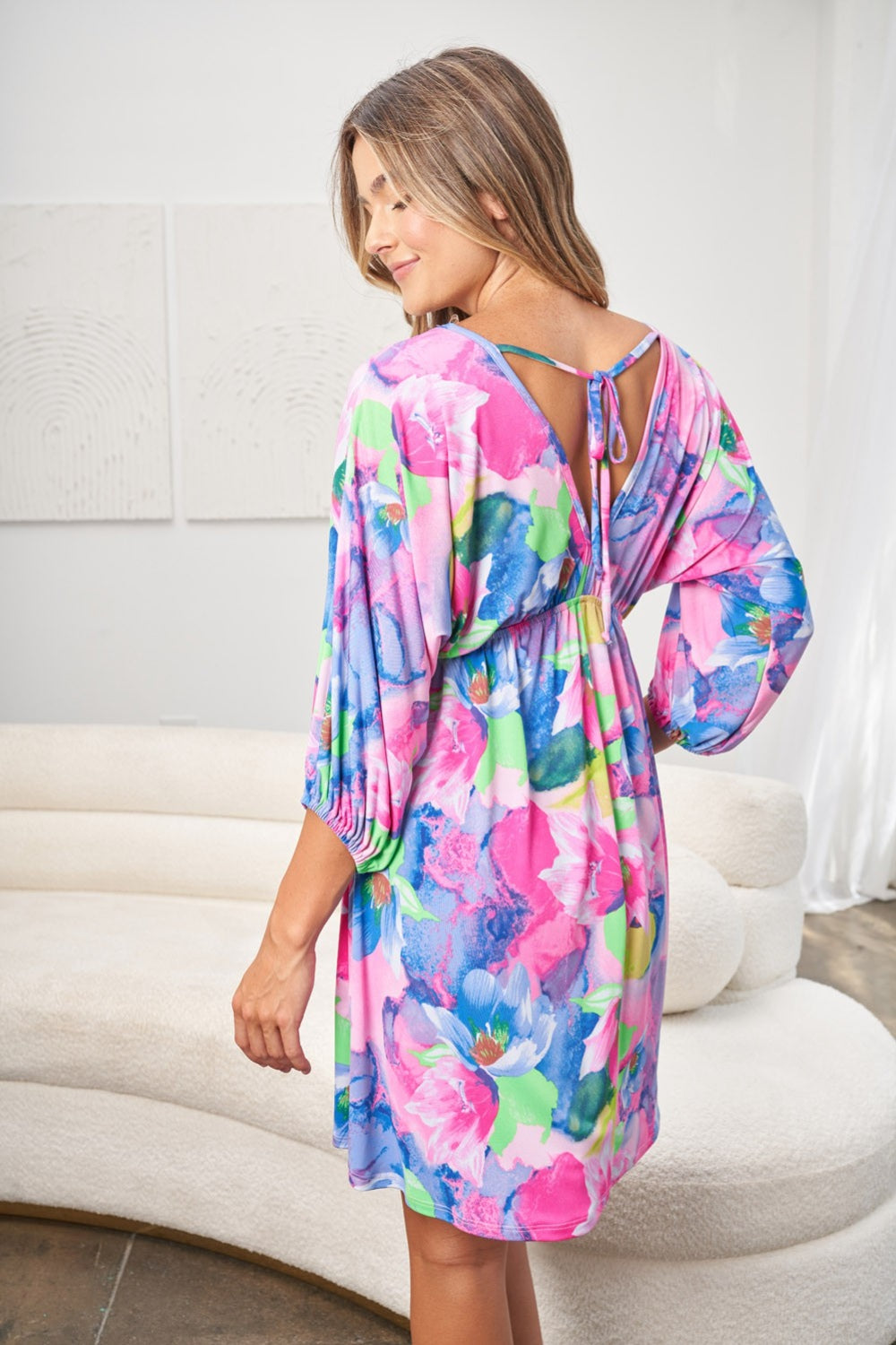 White Birch Full Size Multi Printed V-Neck Tie Back Mini Dress *