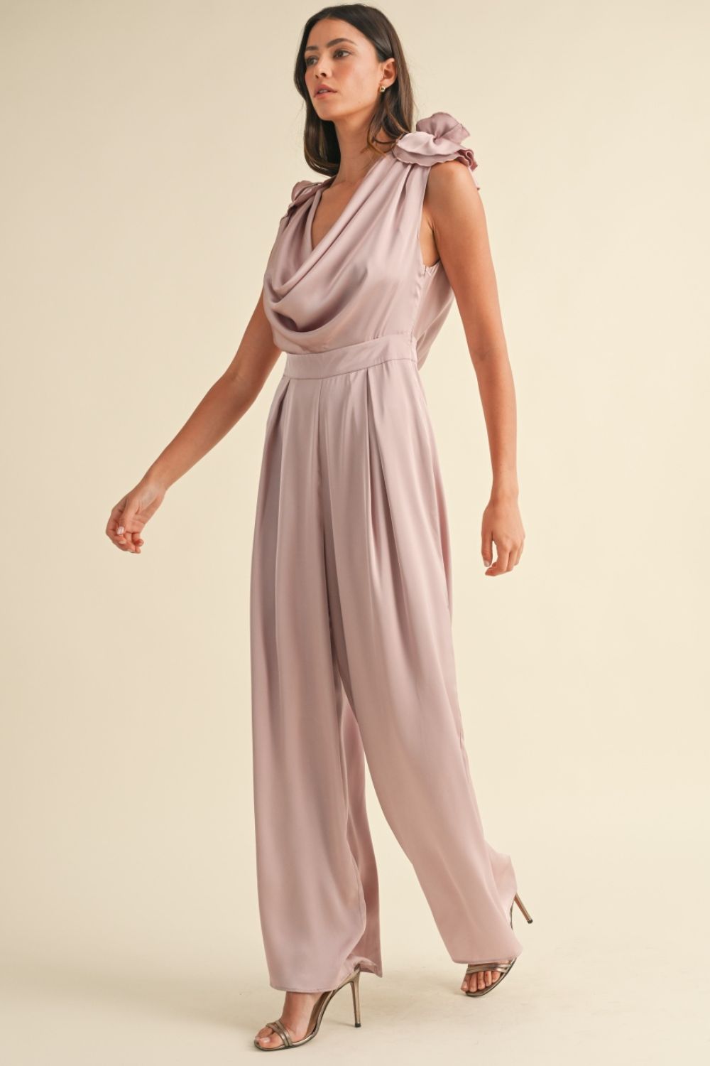 MABLE 3D Floral Applique Deep Cowl Neck Jumpsuit *