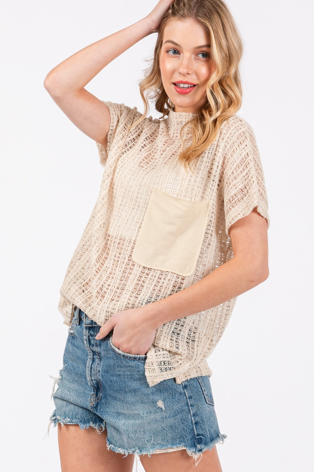Ces Femme See Through Crochet Mock Neck Cover Up *