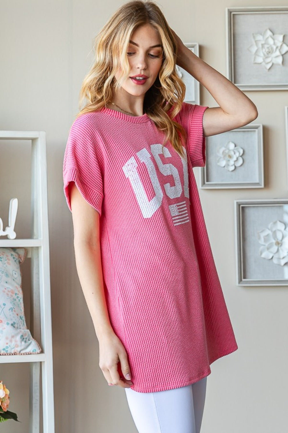Heimish Full Size USA Graphic Short Sleeve Ribbed Top *
