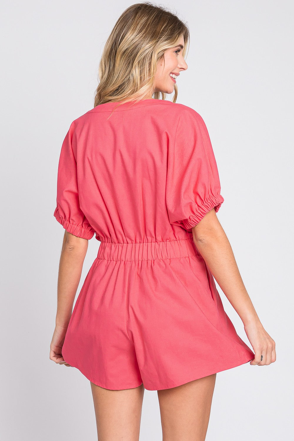 GeeGee Half Button V-Neck Linen Romper *