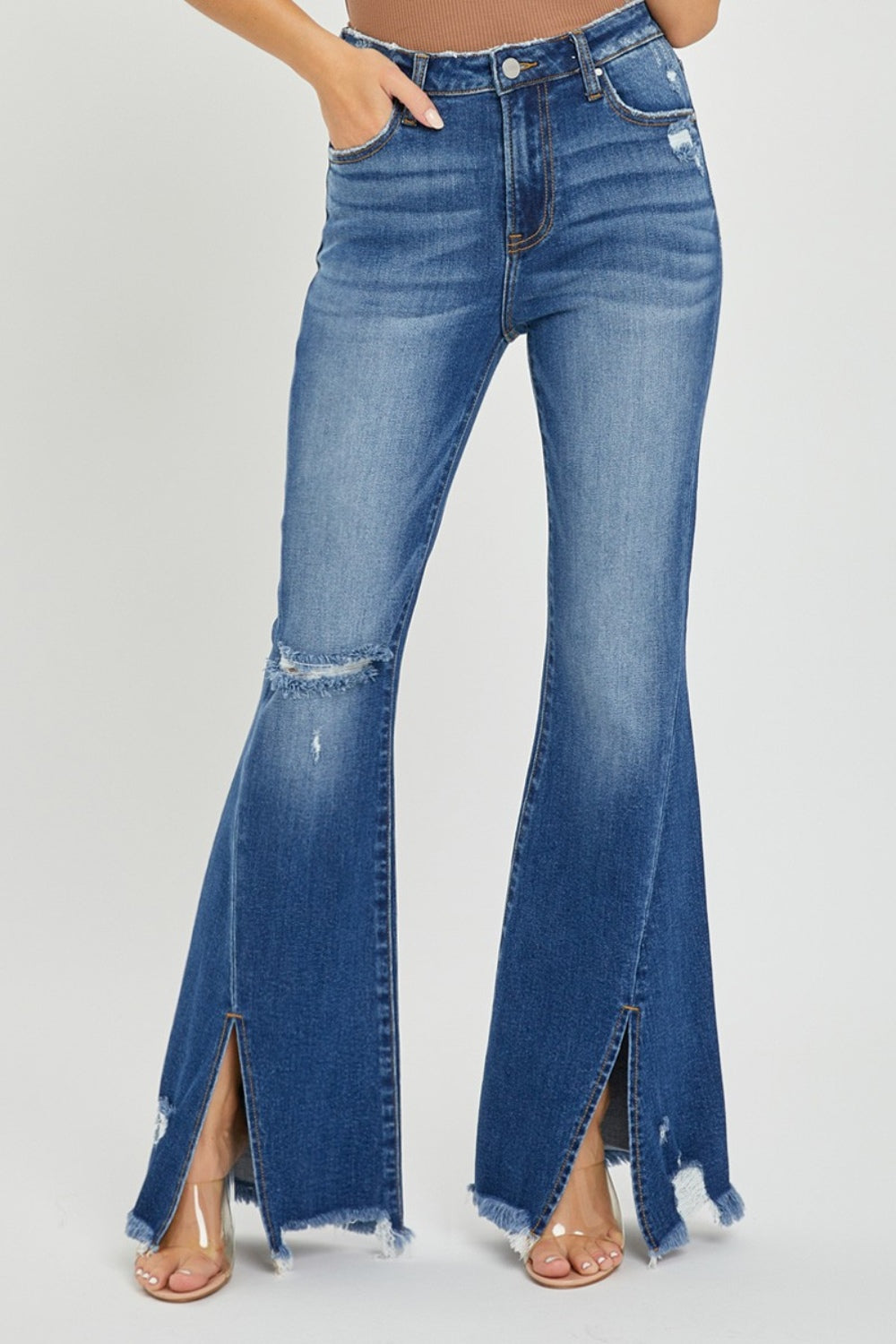 RISEN Full Size High Rise Front Slit Frayed Hem Flare Jeans *