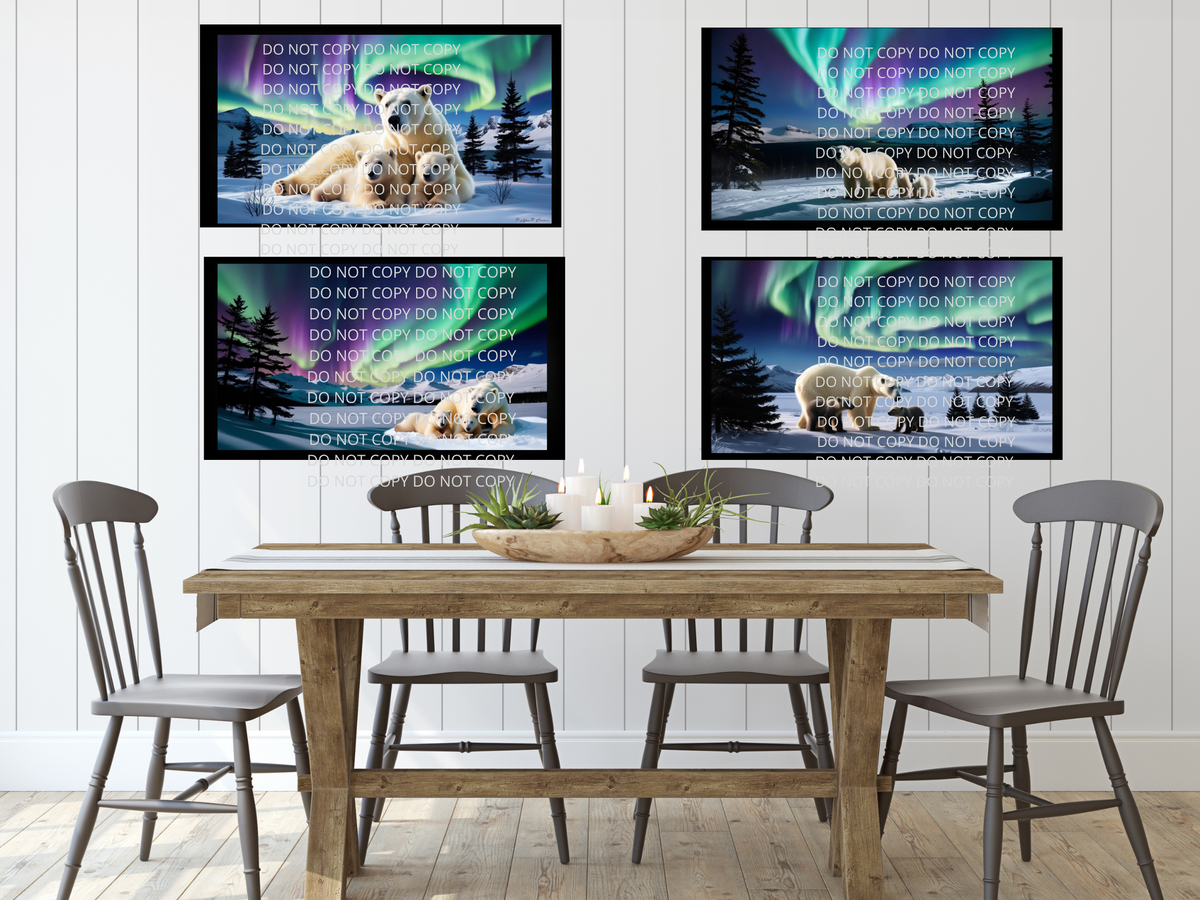 Polar Bear and Cubs Northern Lights Digital Art in PDF SVG PNG File Formats