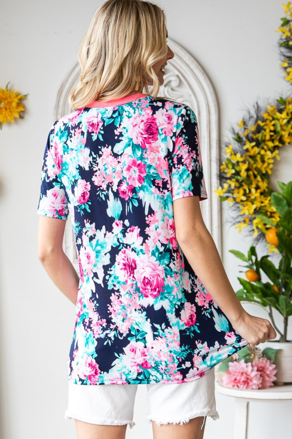 Heimish Full Size Floral V-Neck Short Sleeve T-Shirt *