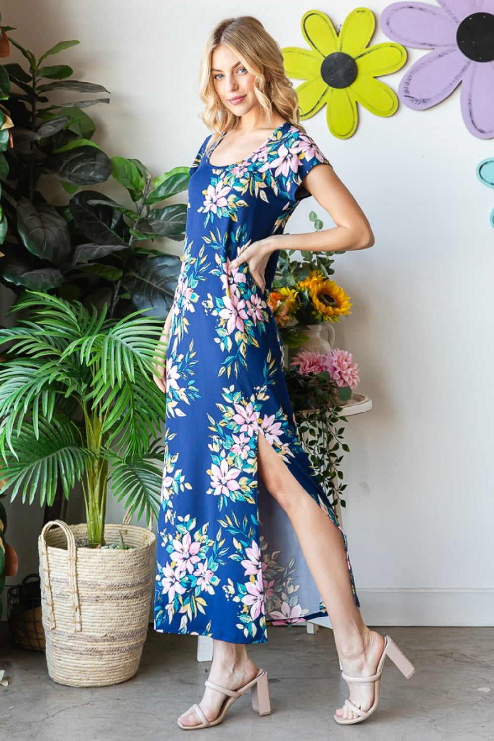 Heimish Full Size Floral Short Sleeve Slit Dress *