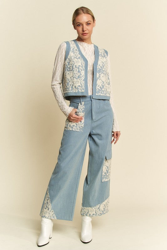 Davi & Dani Lace Patch Open Front Denim Vest *