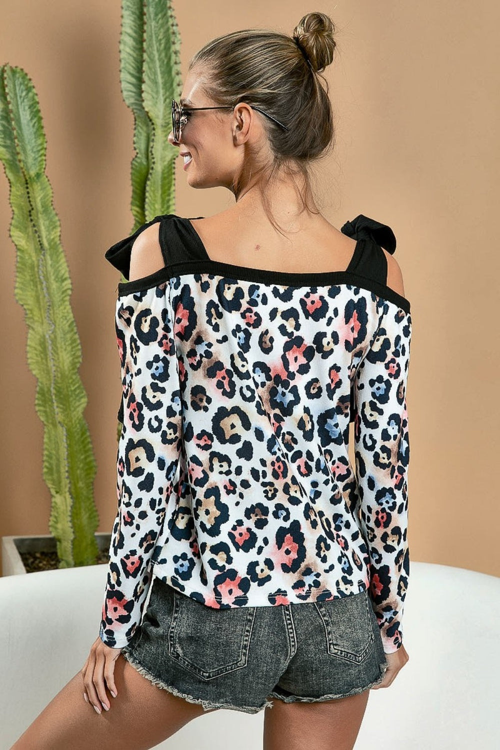BiBi Leopard Shoulder Tie Long Sleeve Top - Brand BiBi