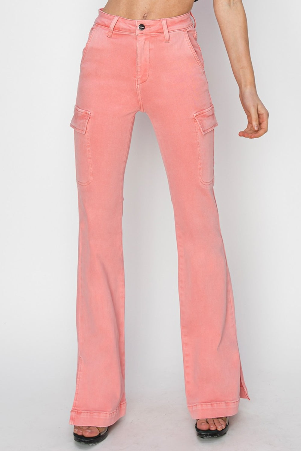 RISEN Full Size High Rise Side Slit Cargo Bootcut Jeans *