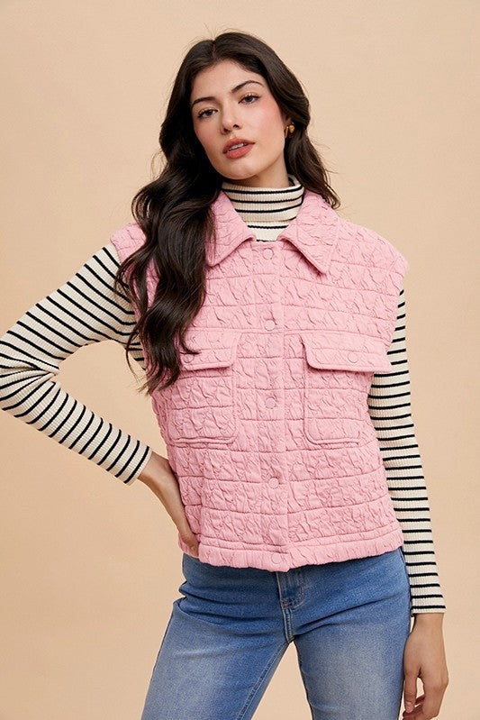 Annie Wear Texture Quilted Snap Down Vest Coat *