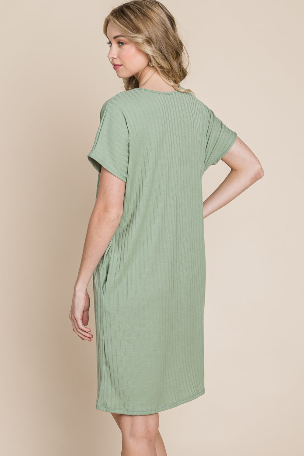 BOMBOM Ribbed Round Neck Short Sleeve Dress *