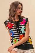BiBi Flower Patch Striped Half Button Sweater Vest - Brand BiBi *