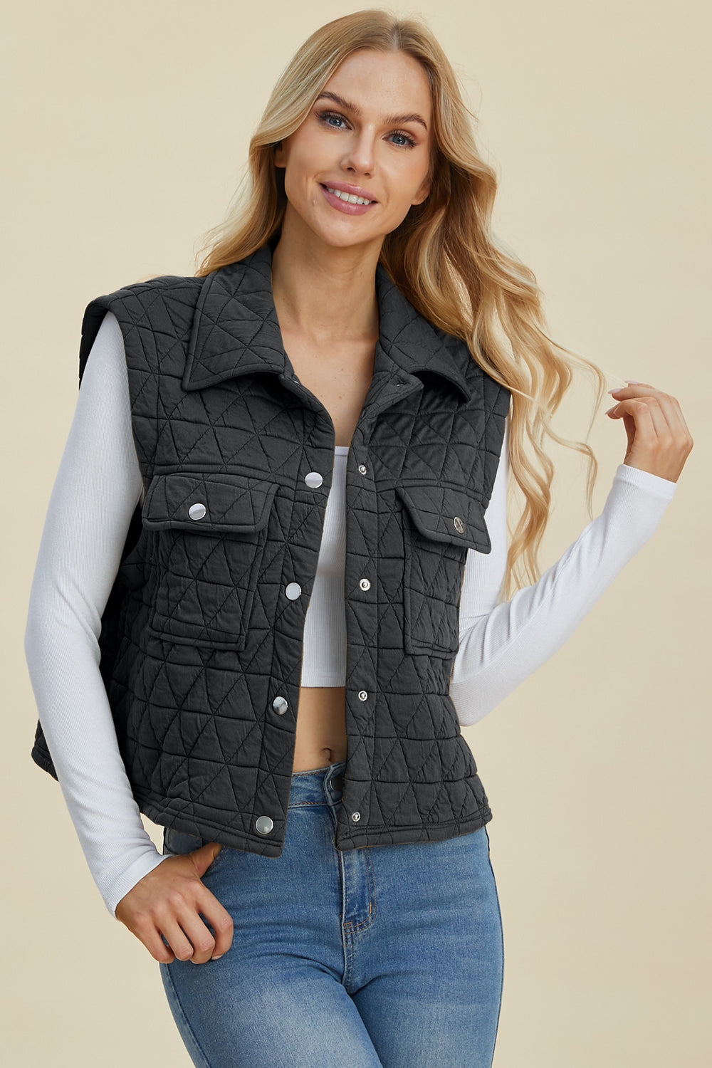 Double Take Full Size Pocketed Texture Snap Down Vest Coat *