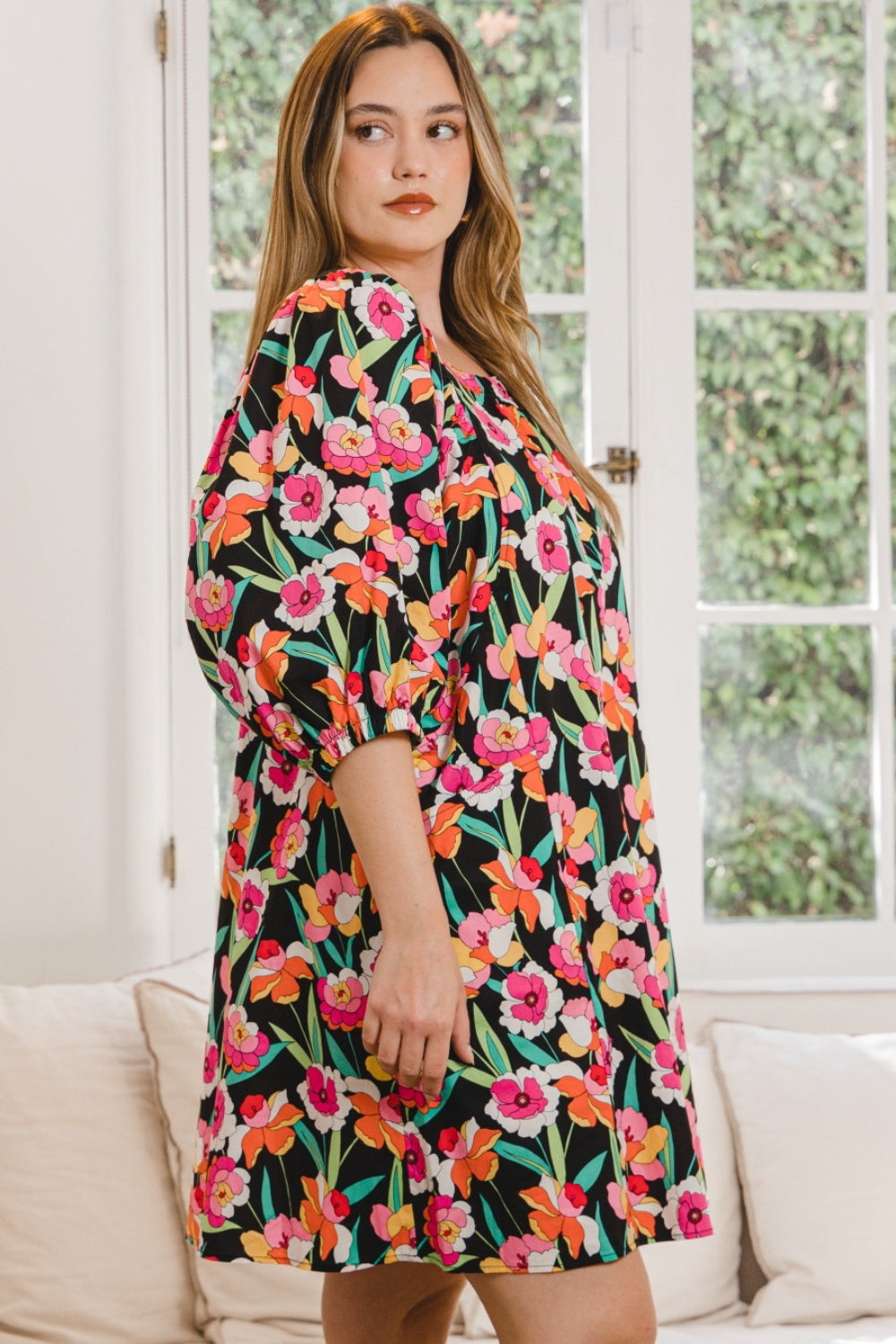 ODDI Full Size Floral Puff Sleeve Mini Dress *