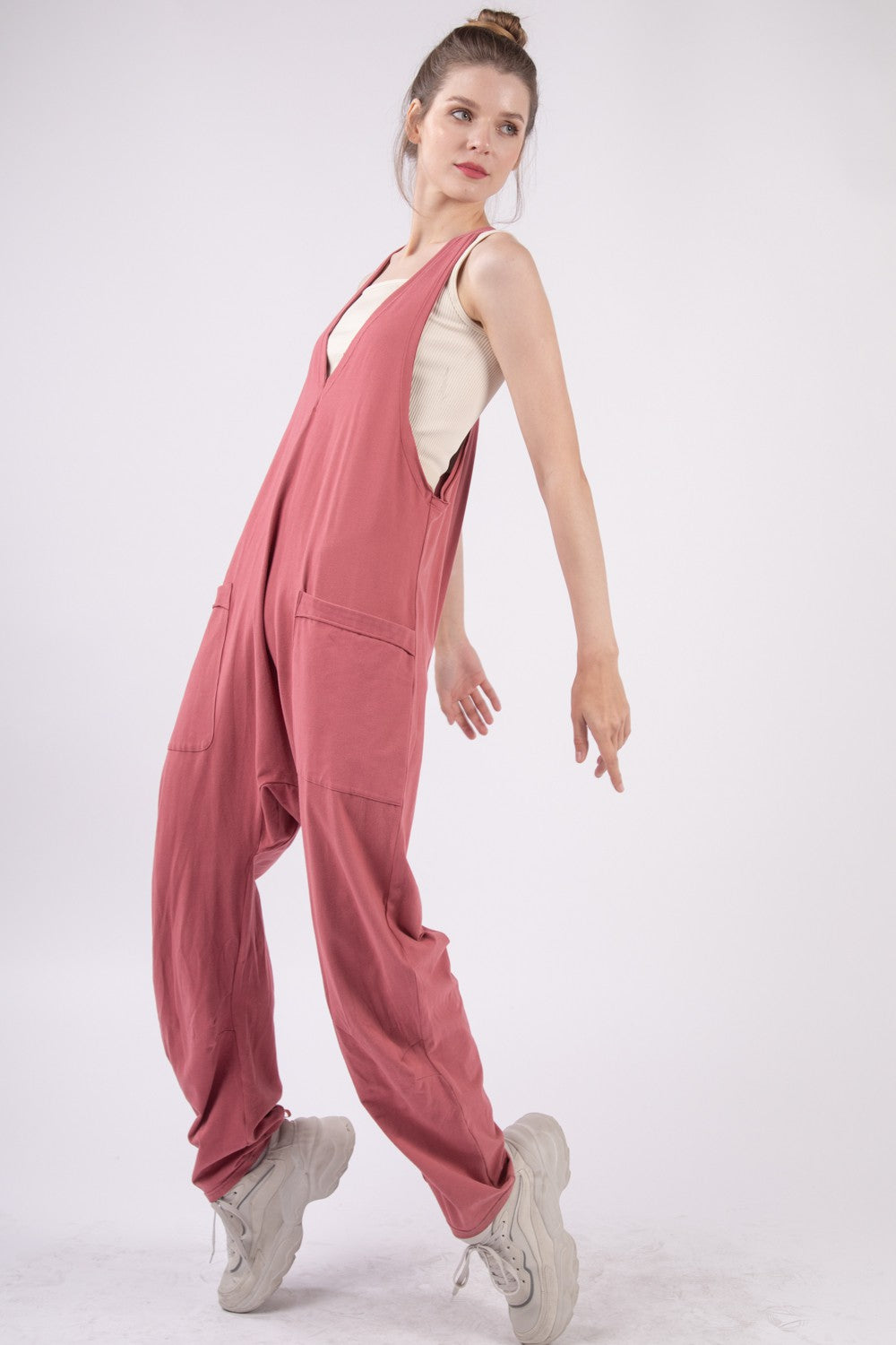VERY J  Plunge Sleeveless Jumpsuit with Pockets *
