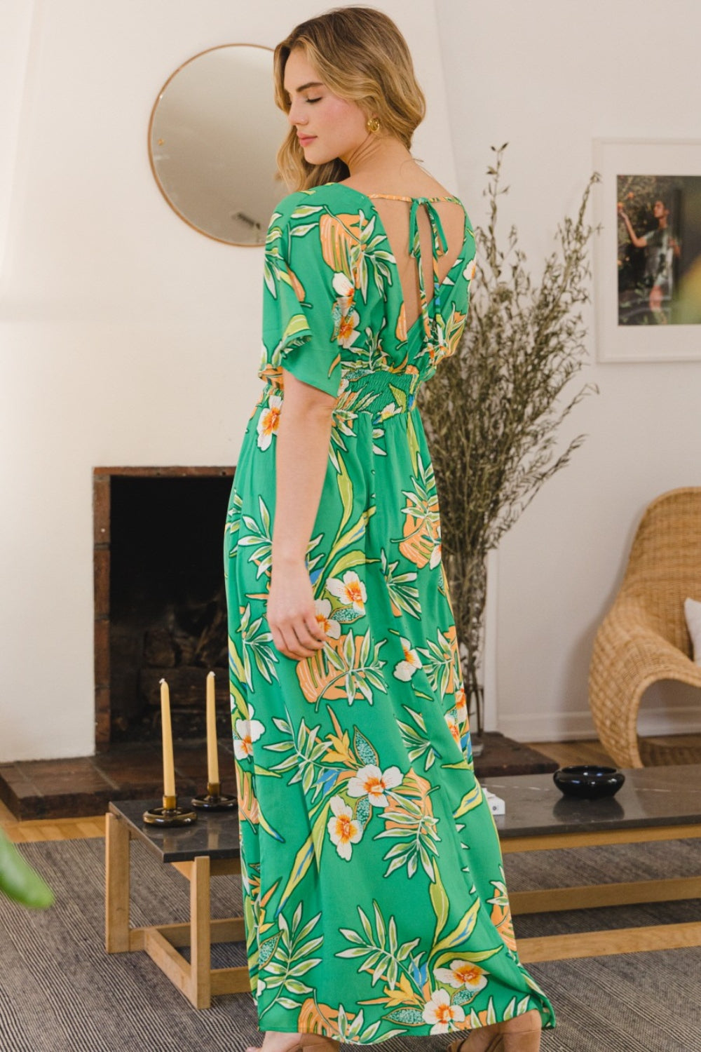 ODDI Full Size Floral Smocked Tied Back Maxi Dress *