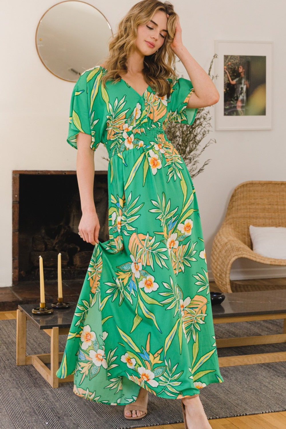 ODDI Full Size Floral Smocked Tied Back Maxi Dress *