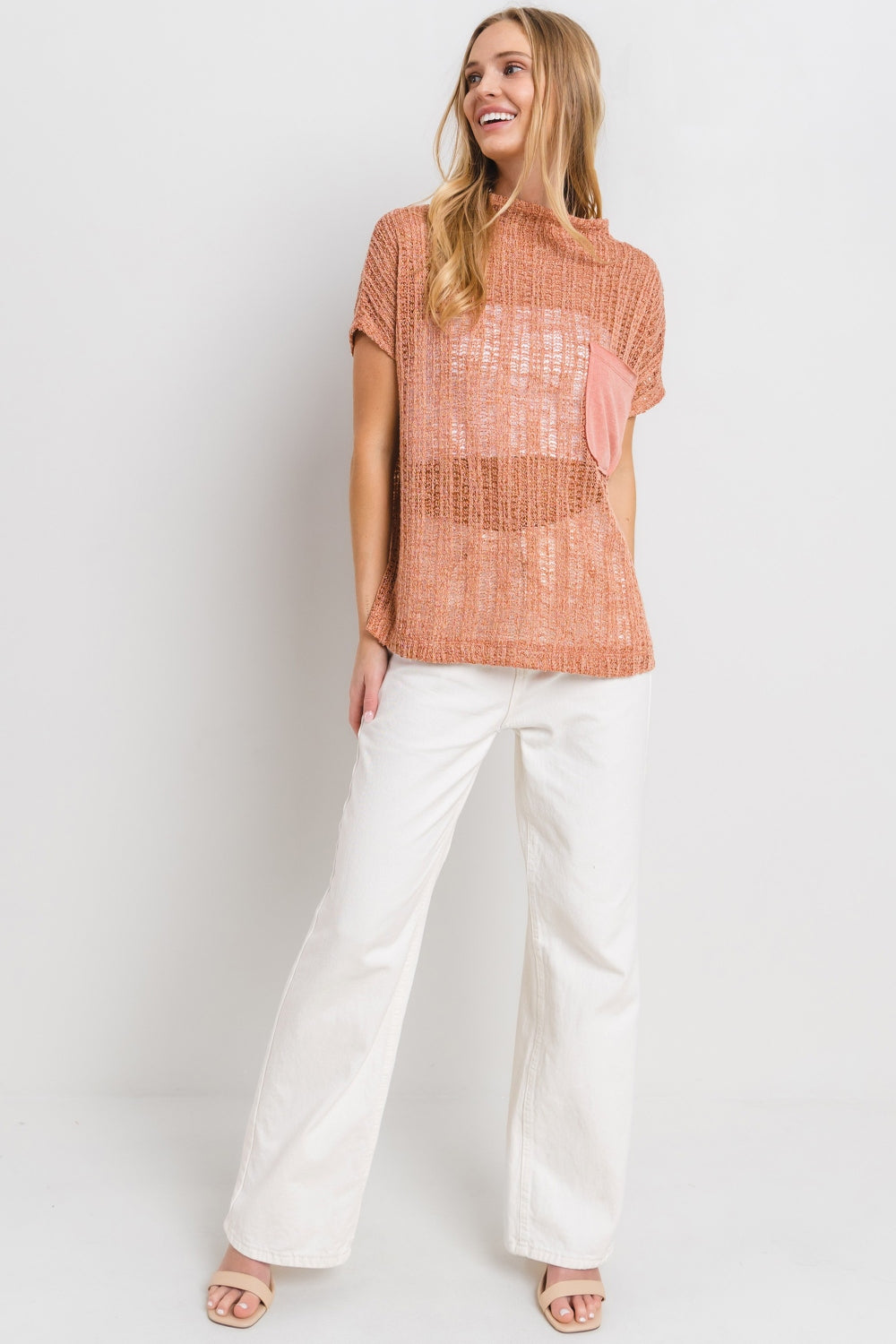 Ces Femme See Through Crochet Mock Neck Cover Up *