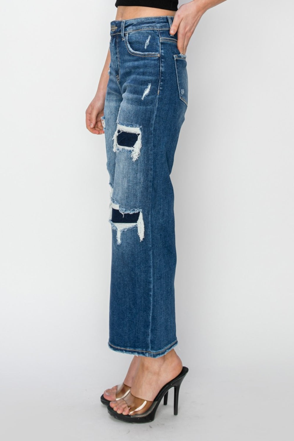 Risen Full Size High Rise Patch Detailed Wide Leg Crop Jeans *