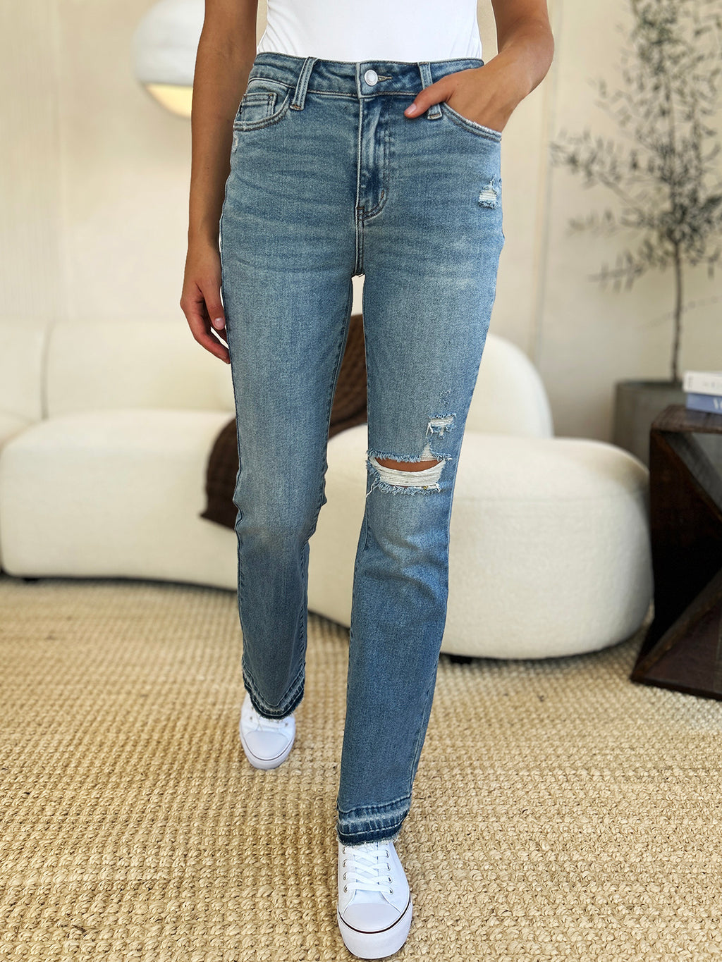 Judy Blue Full Size Mid Rise Destroyed Hem Distressed Jeans *