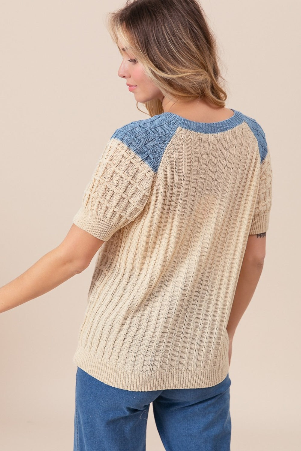 BiBi Textured Contrast Short Sleeve Sweater - Brand BiBi