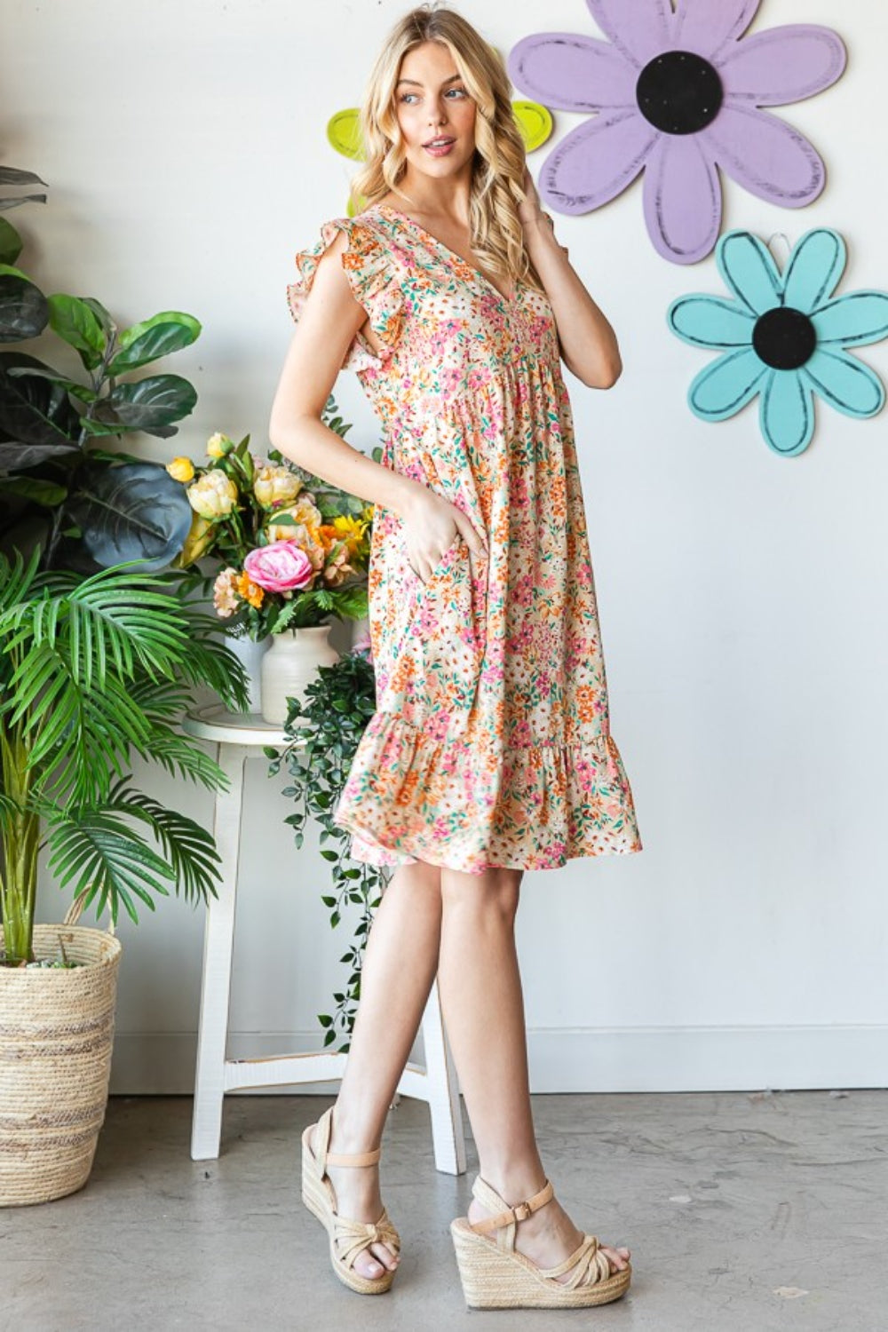 Heimish Full Size Floral Ruffled V-Neck Dress *