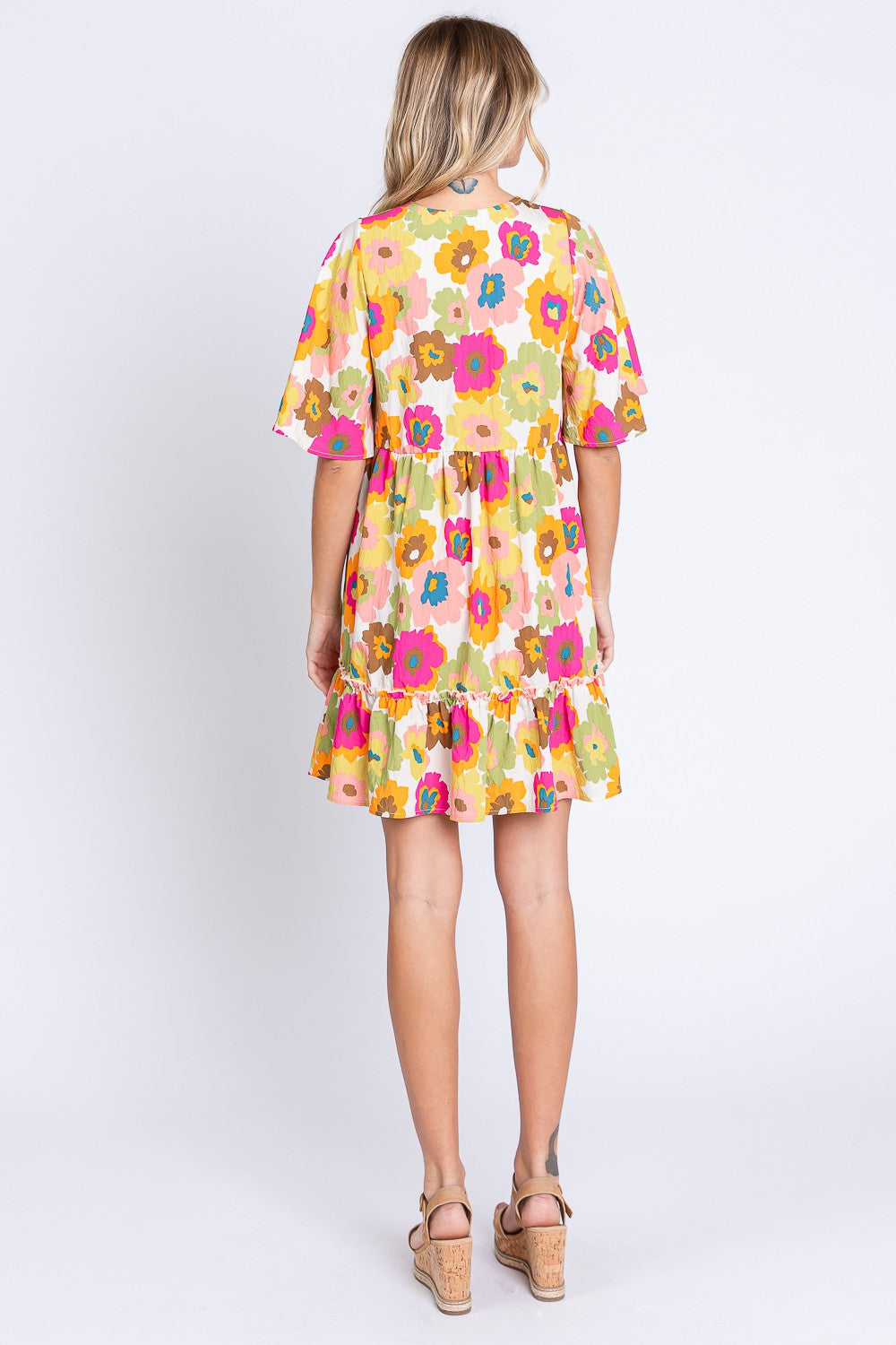 GeeGee Floral V-Neck Ruffle Hem Mini Dress *