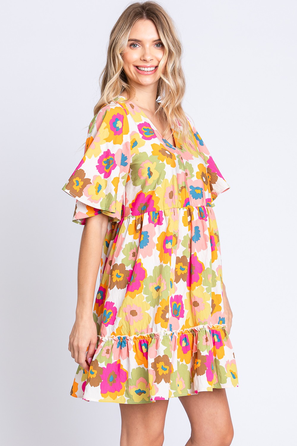 GeeGee Floral V-Neck Ruffle Hem Mini Dress *