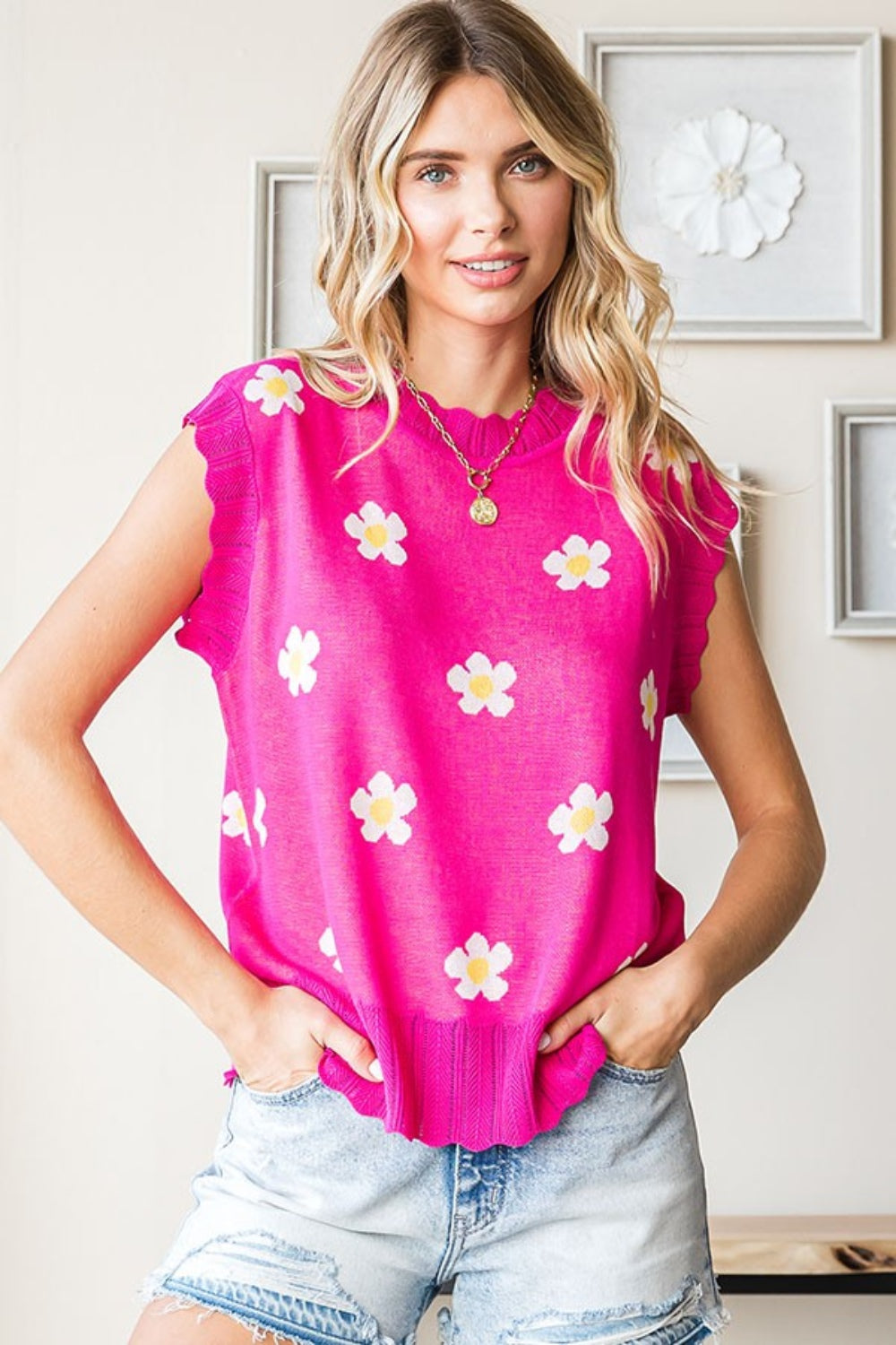 First Love Full Size Flower Pattern Round Neck Sweater Vest *