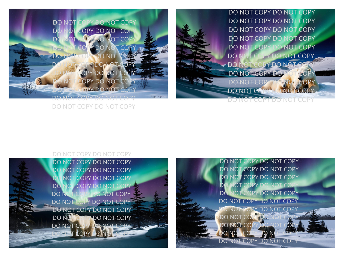 Polar Bear and Cubs Northern Lights Digital Art in PDF SVG PNG File Formats