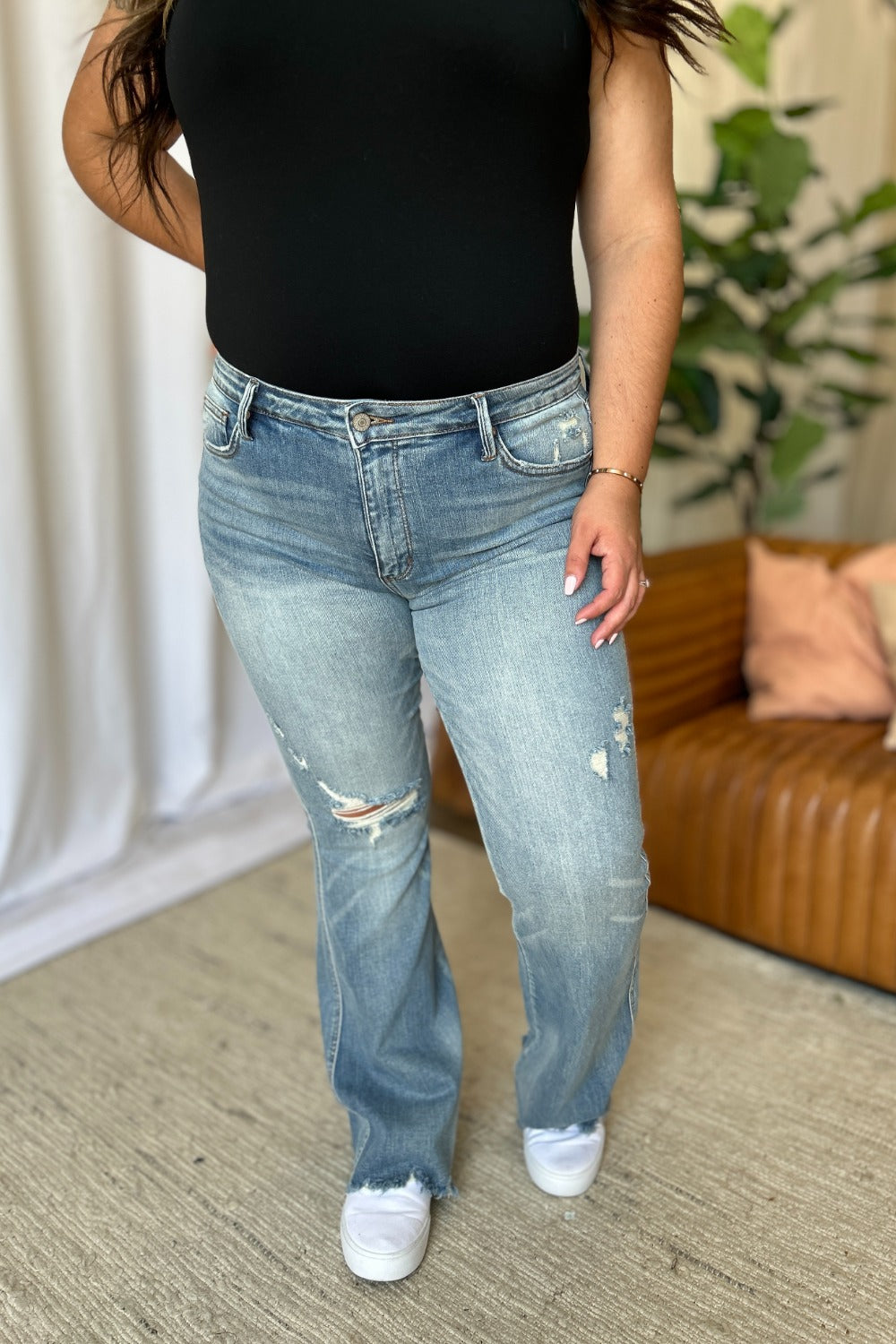 Judy Blue Full Size Medium Rise Tummy Control Destroy Flare Jeans *