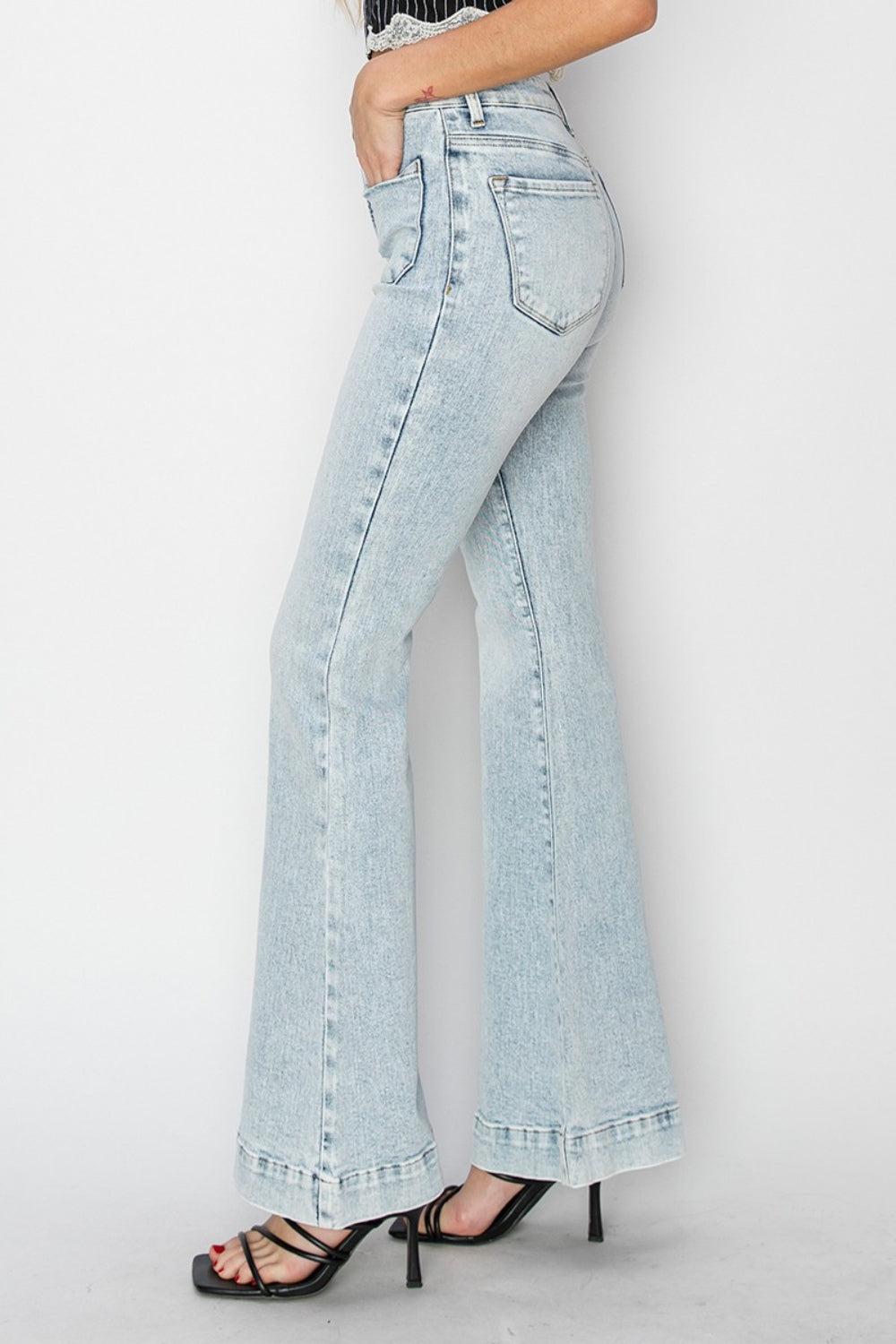 Risen Full Size High Rise Front Patch Pocket Flare Jeans *