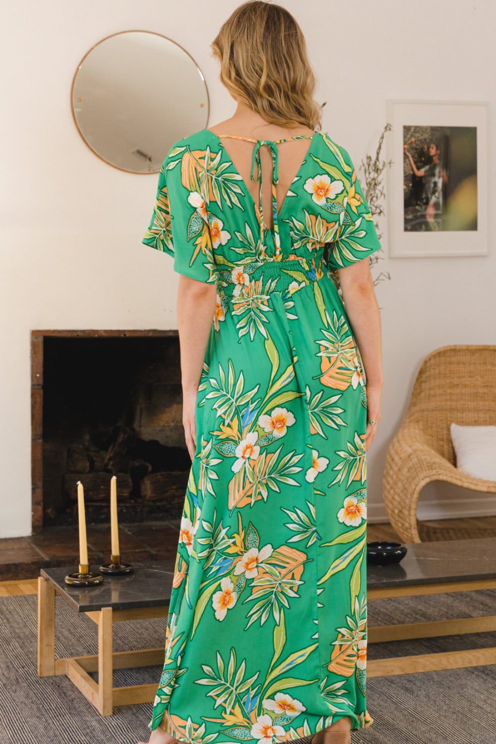 ODDI Full Size Floral Smocked Tied Back Maxi Dress *