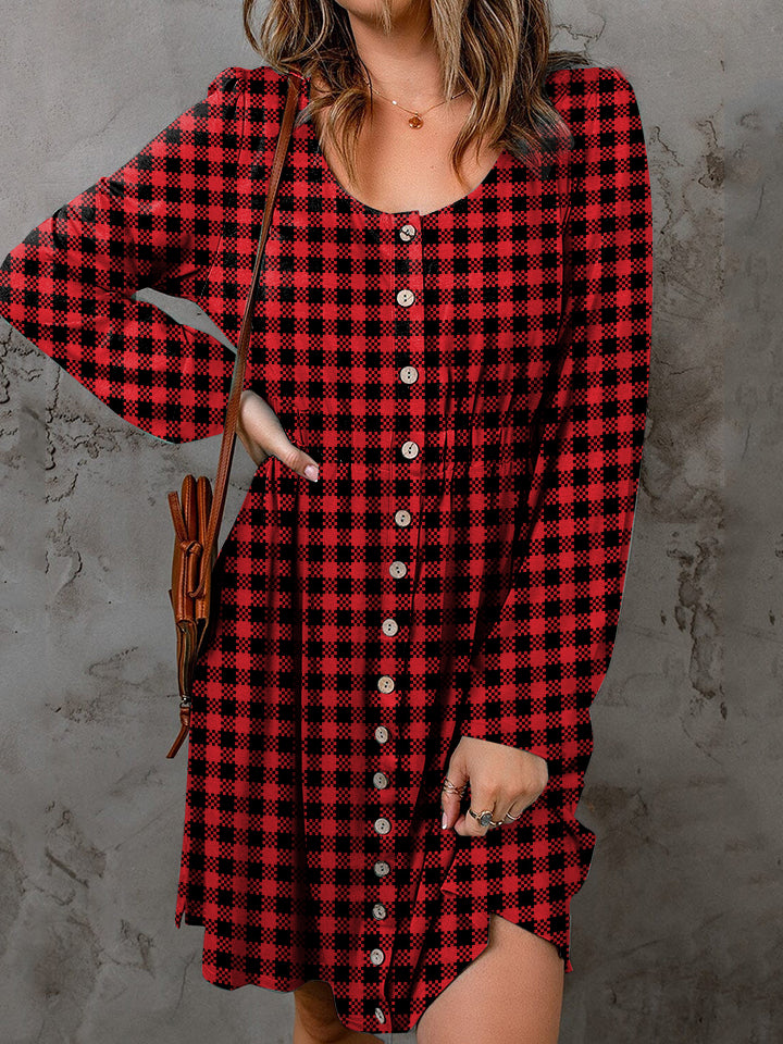 Double Take Full Size Plaid Round Neck Long Sleeve Magic Dress *