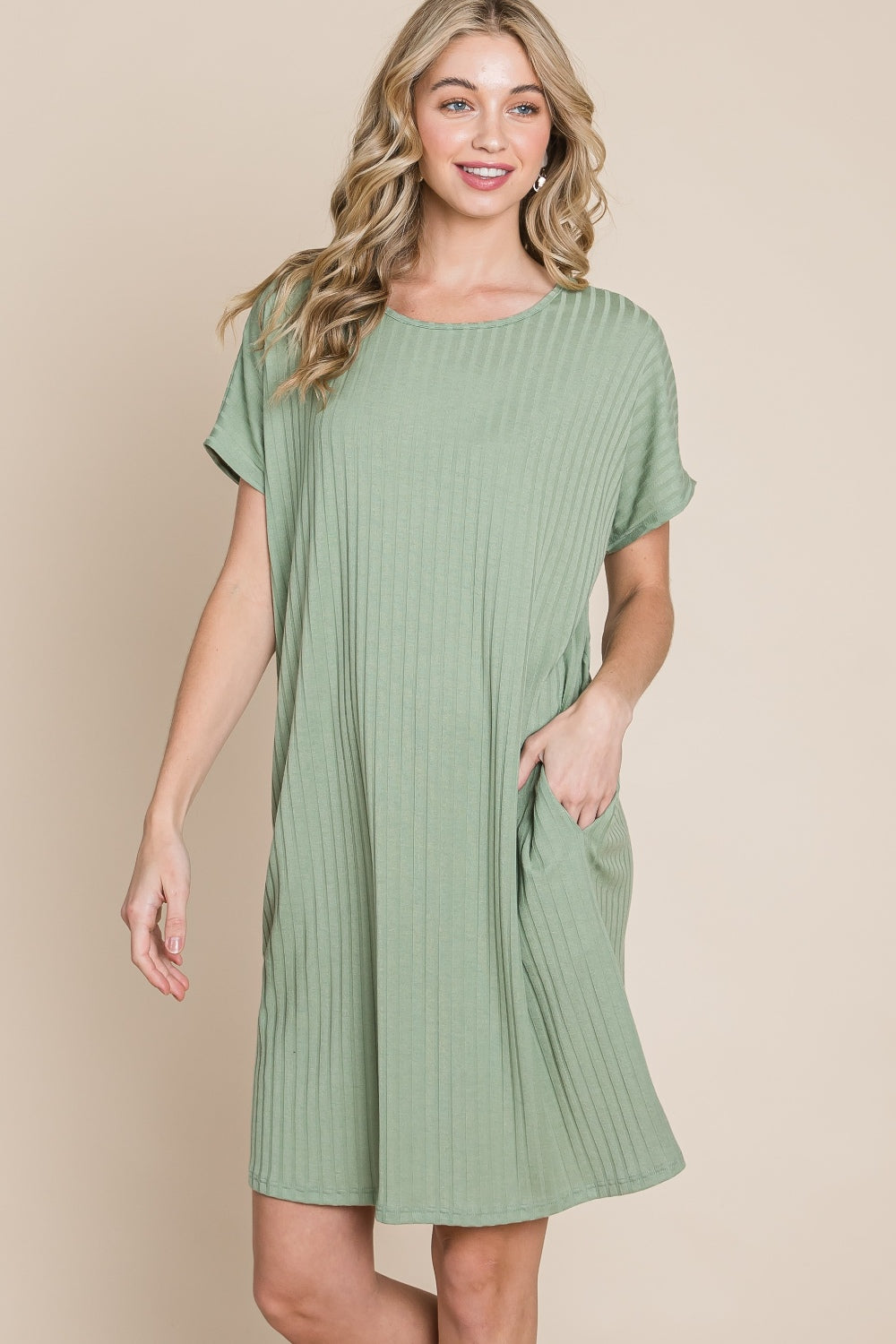 BOMBOM Ribbed Round Neck Short Sleeve Dress *