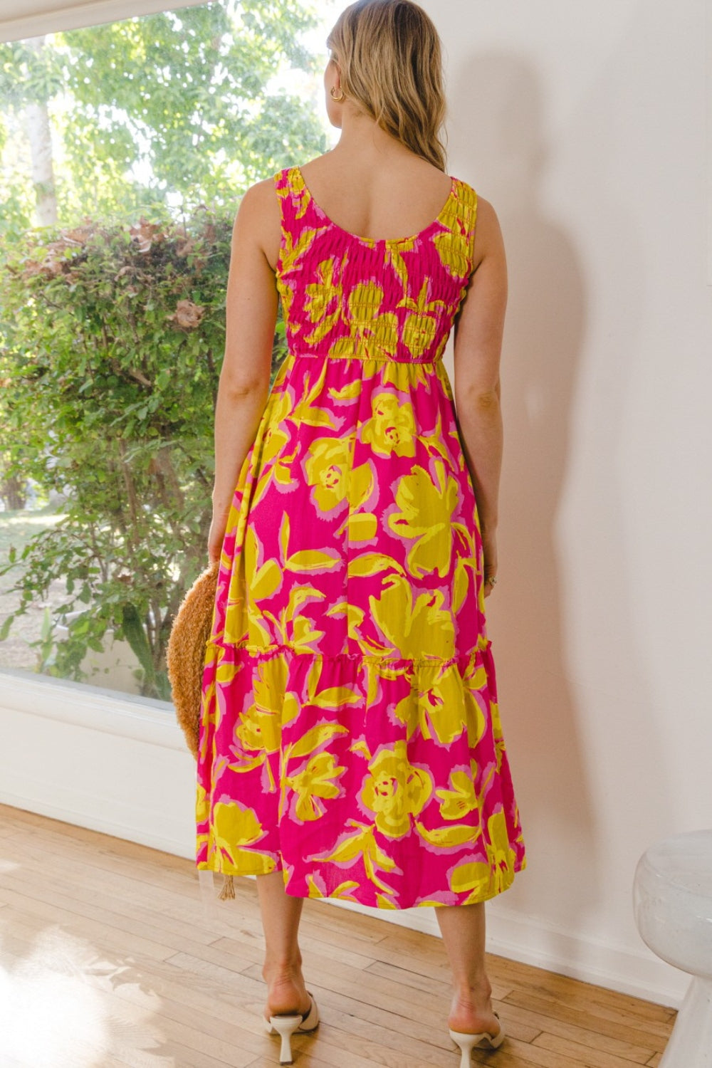 ODDI Full Size Floral Smocked Ruffled Midi Dress *