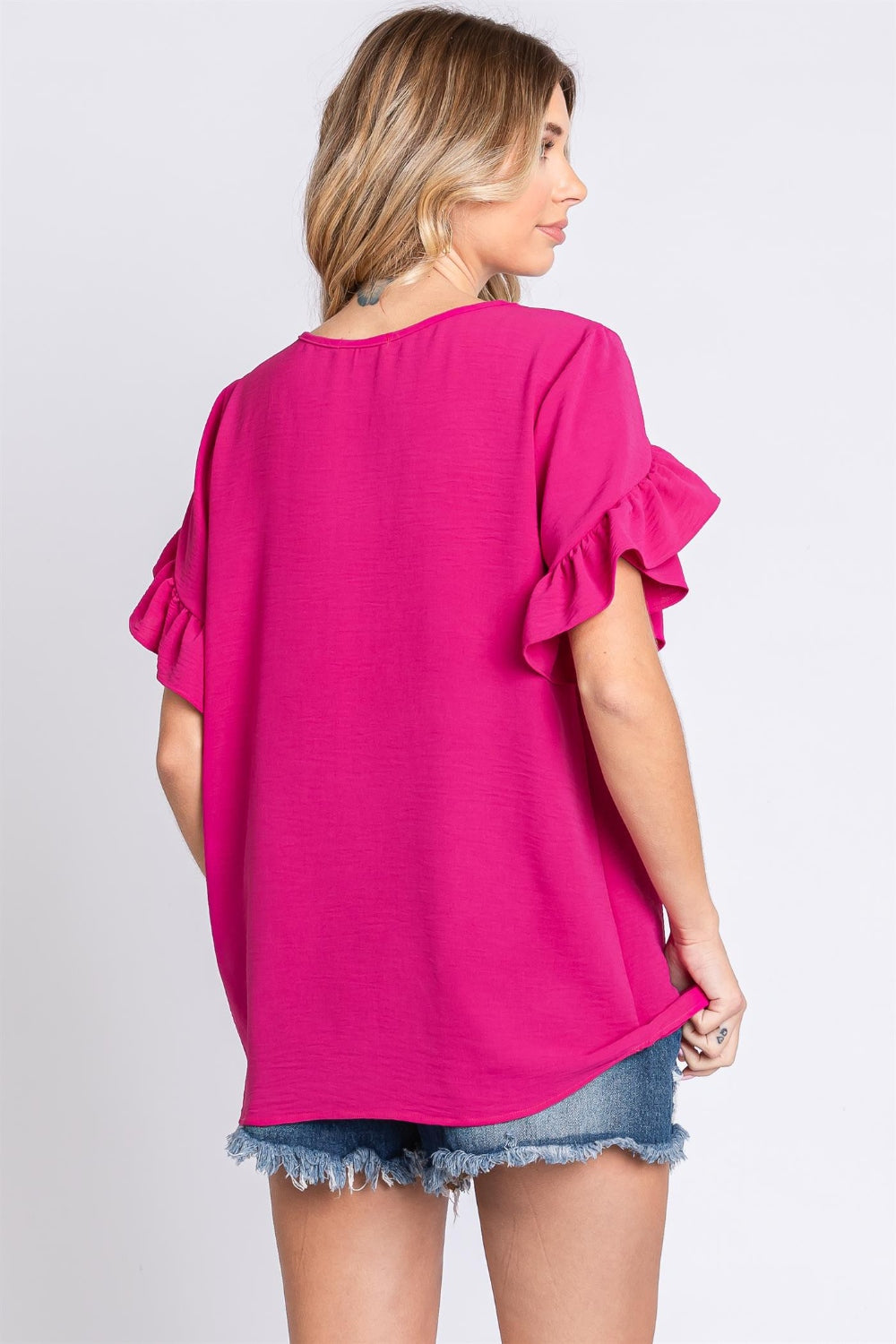 GeeGee V-Neck Ruffle Trim Short Sleeve Blouse *