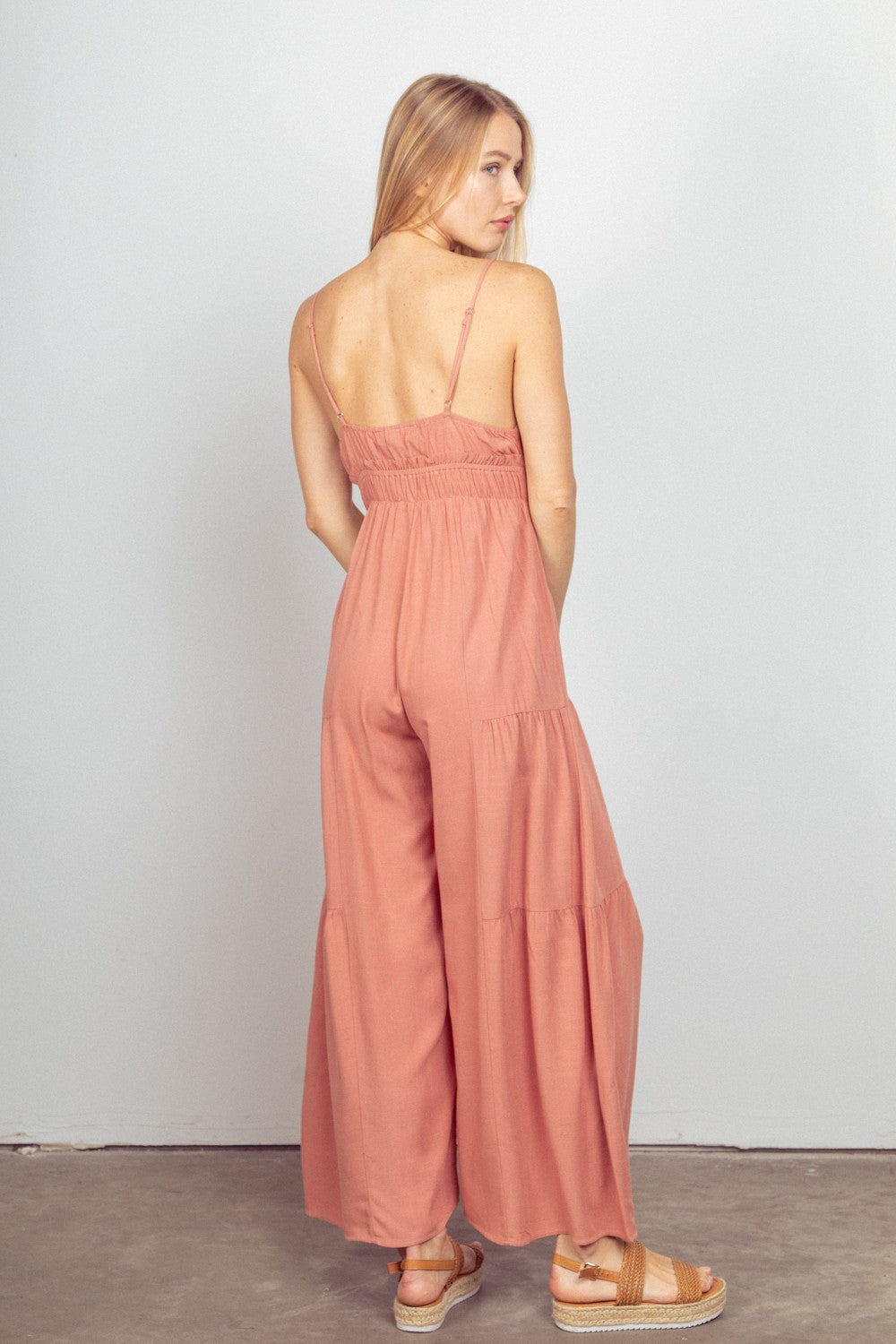 VERY J Sleeveless Ruched Wide Leg Jumpsuit *