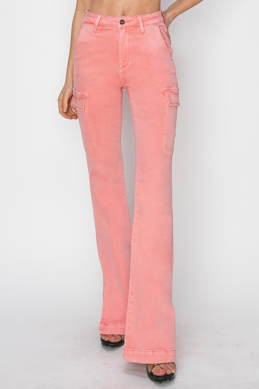 RISEN Full Size High Rise Side Slit Cargo Bootcut Jeans *