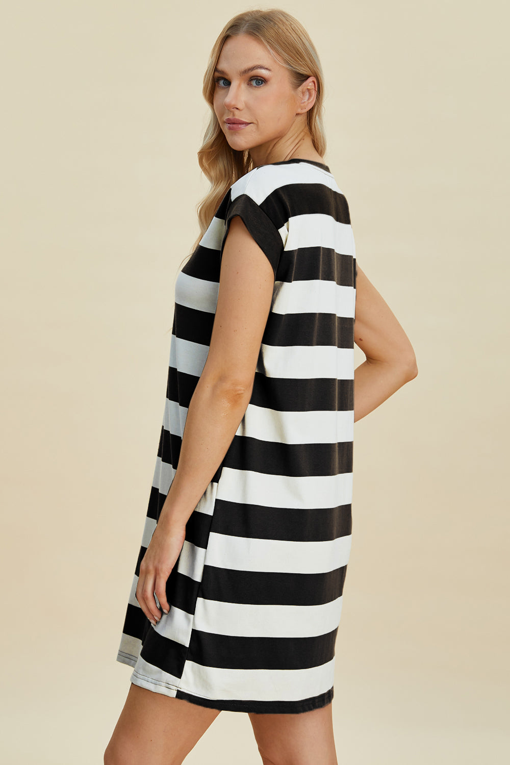 Basic Bae Full Size Striped Round Neck Cap Sleeve Mini Dress *