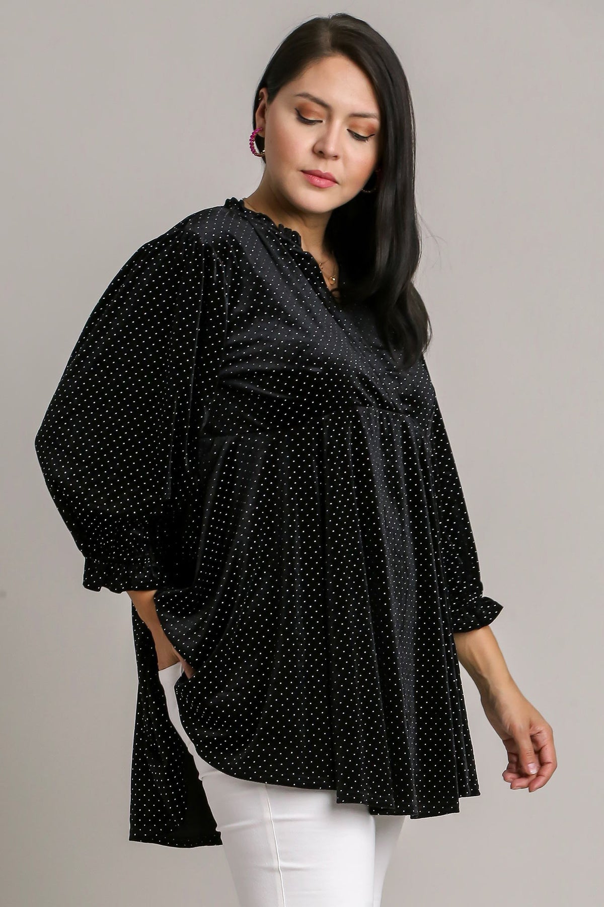 Umgee Full Size Beaded Frill Flounce Sleeve Velvet Babydoll Blouse *