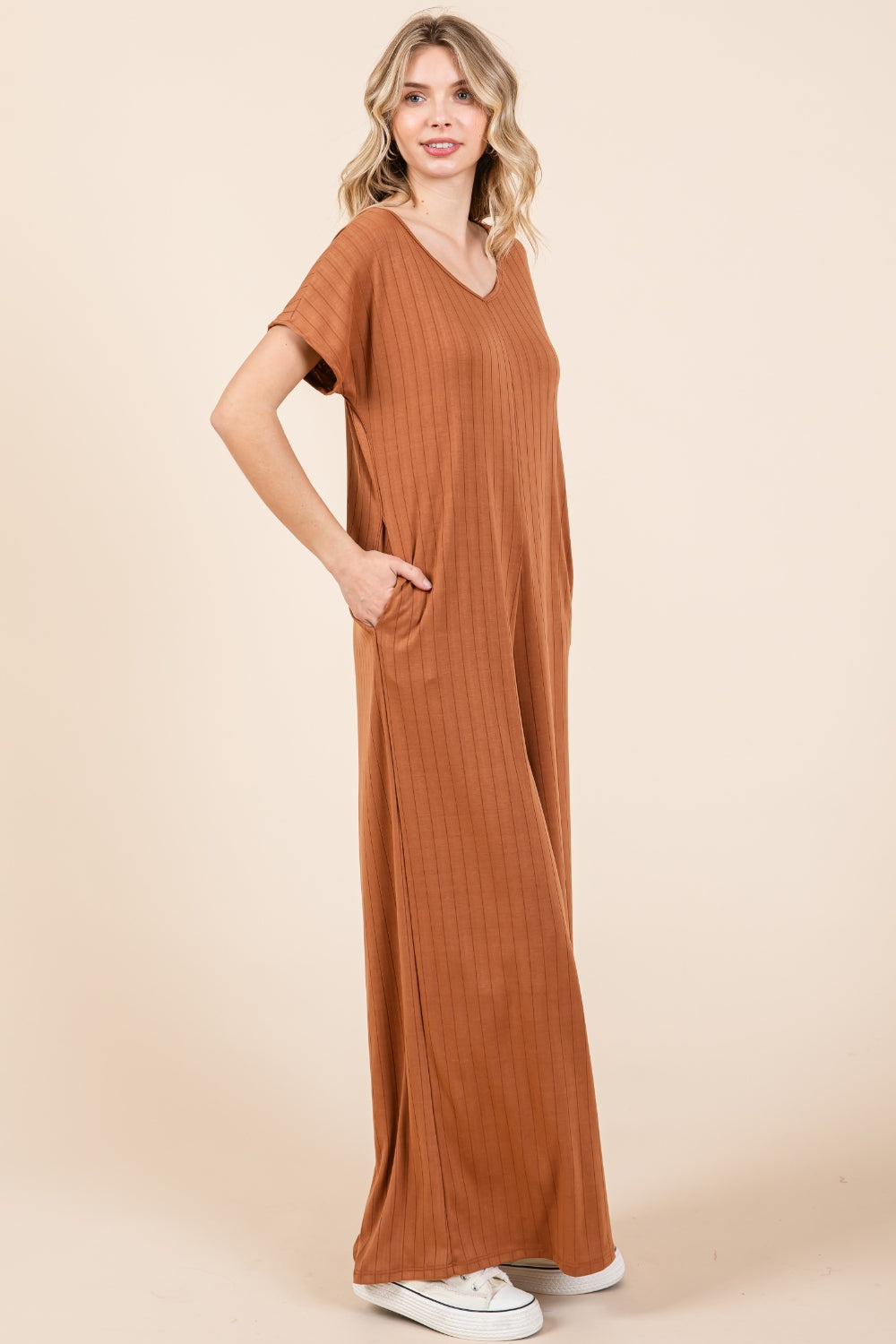 BOMBOM Ribbed Short Sleeve Wide Leg Jumpsuit *