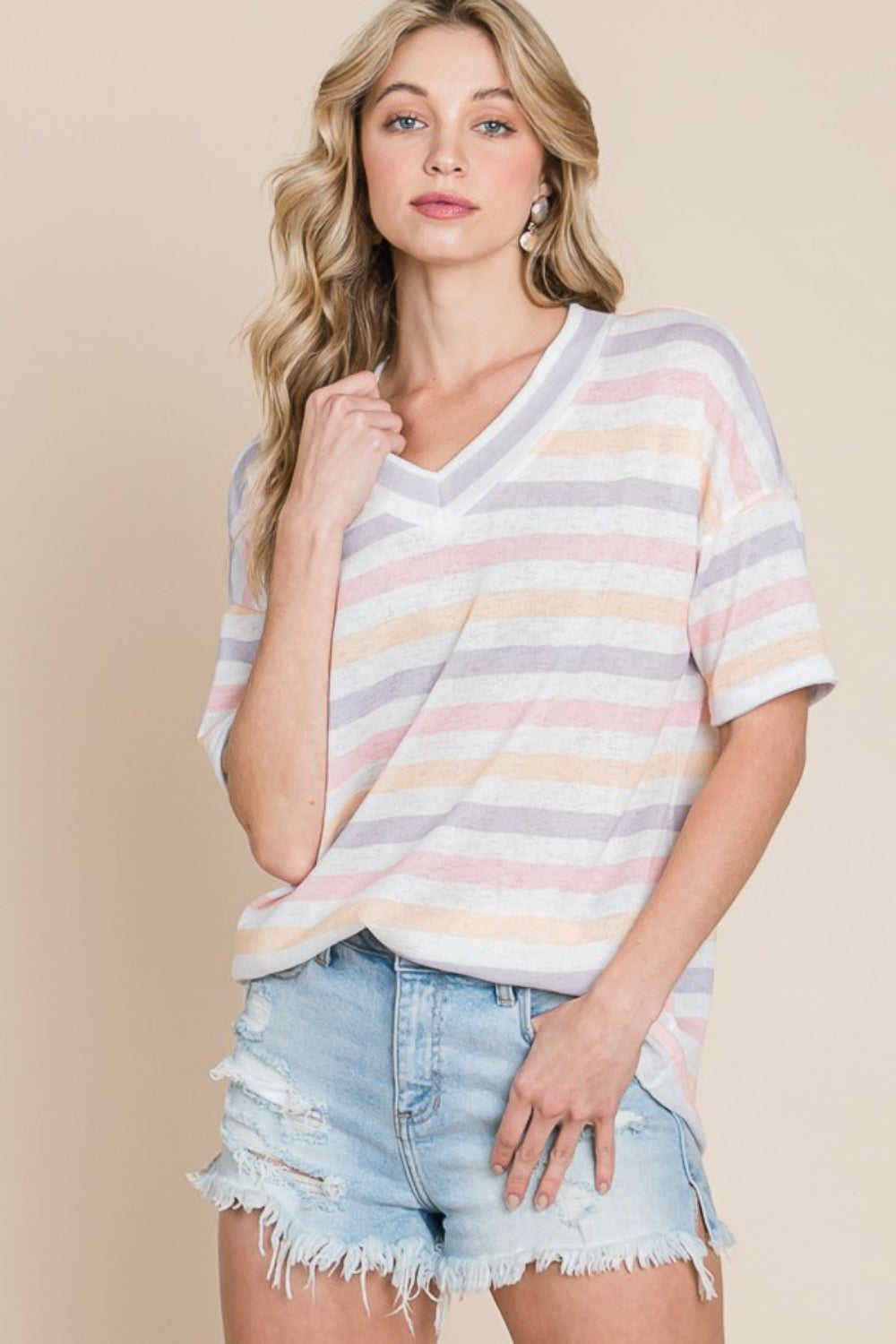 BOMBOM Striped V-Neck Short Sleeve T-Shirt *