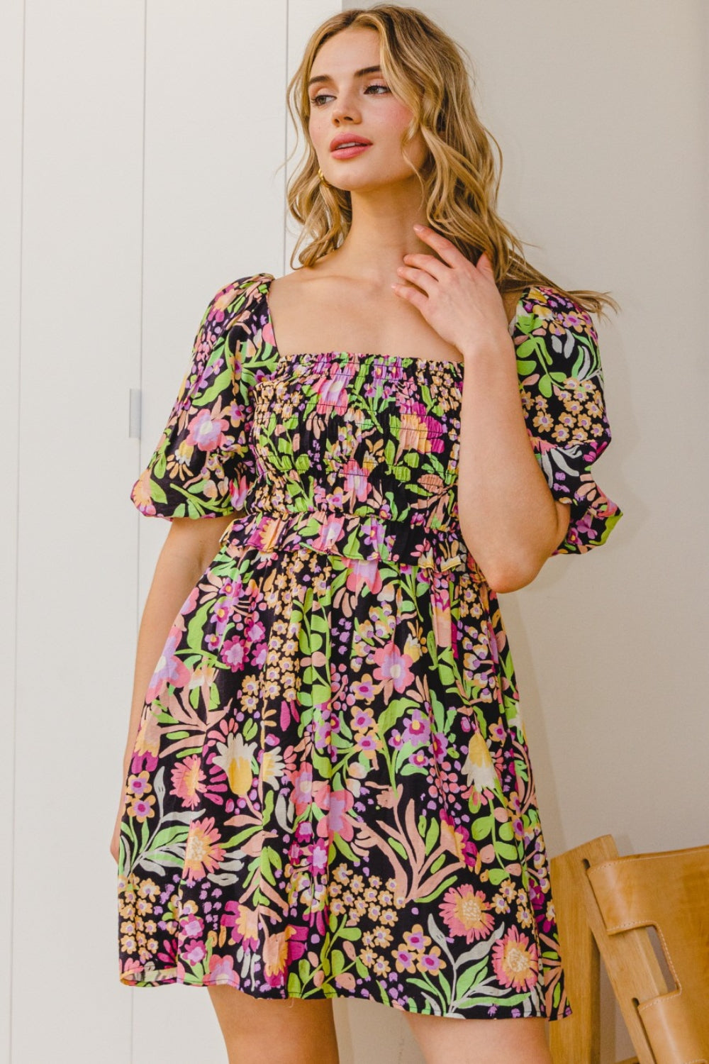 ODDI Full Size Floral Tie-Back Mini Dress *